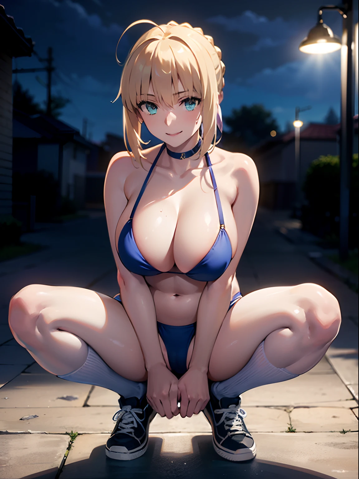 Best Quality, High resolution, distinct image, 8K,masuter piece、artoria、Beautiful and big breasts、The bikini、overknee socks、sneakers、NSFW,Squat and open your legs wide、ssmile、Cam Drink、Downtown at night、Hands behind your head、