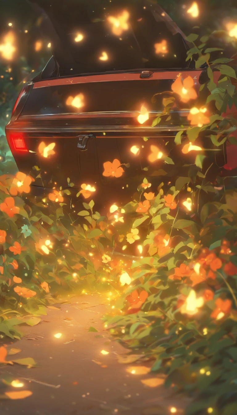 Close-up car trunk open，florals、Lights run down the trunk，Hang on the ground, Illustration style, style, 2D, Flat art style