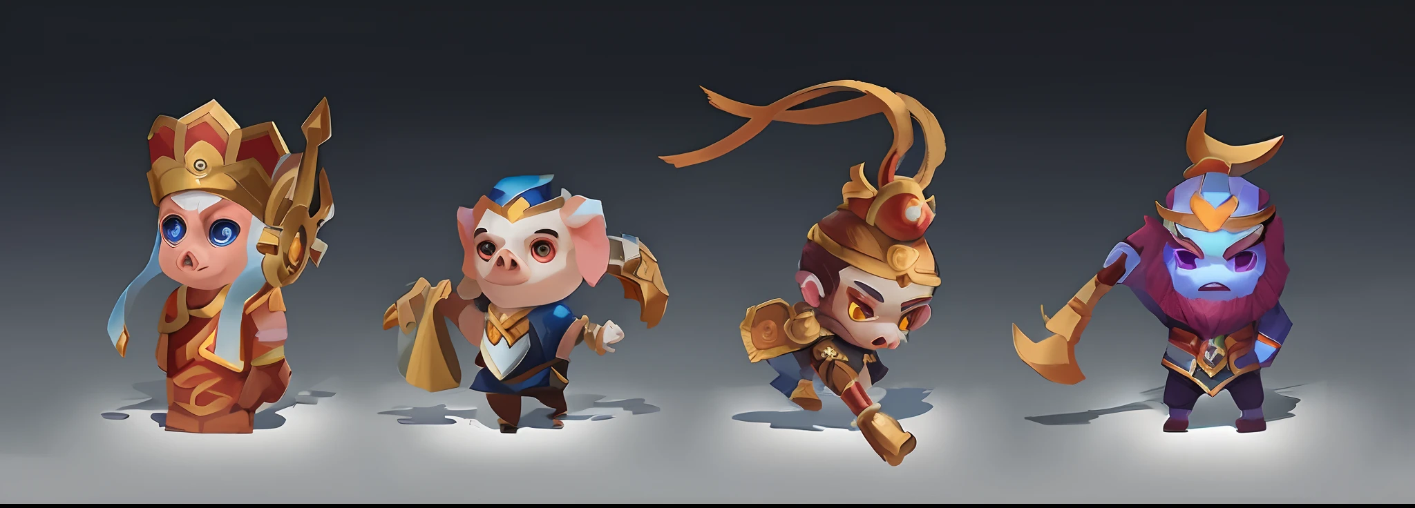 Close-up of a group of cartoon characters dressed in different costumes, Stylized game art, character splash art, Riot game concept art, Stylized concept art, iconic character splash art, cute cyber gods, Mobile game art, league of legends style art, Game character design, league of legends art style, League of Legends style, childrens art in artstation, Game character art,Journey，Tang，Pig Bajie，son goku，Sand monks