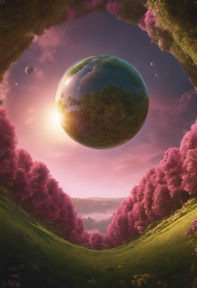 (((masterpiece))) (((best quality))) glass sphere, close-up of a planet with a bunch of trees on it, overgrown planet, green planet, fractal world, fantasy overgrown world, fantasy planet, Dyson sphere, pink planet, 3D render beeple, planetary landscape, round planet inspired by Jofra Bosschart, planet, futuristic world, psychedelic flower planets, ethereal world, (outgoing glow)