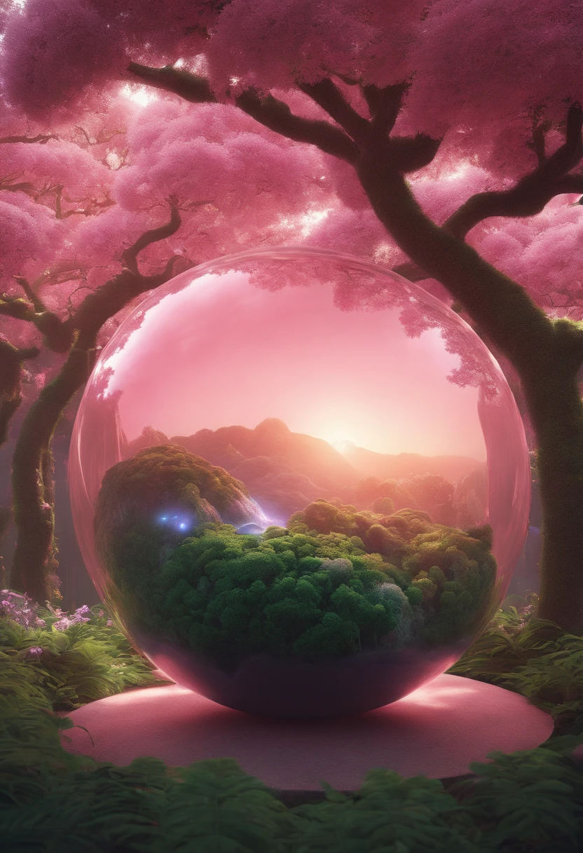 (((masterpiece))) (((best quality))) glass sphere, close-up of a planet with a bunch of trees on it, overgrown planet, green planet, fractal world, fantasy overgrown world, fantasy planet, Dyson sphere, pink planet, 3D render beeple, planetary landscape, round planet inspired by Jofra Bosschart, planet, futuristic world, psychedelic flower planets, ethereal world, (outgoing glow)