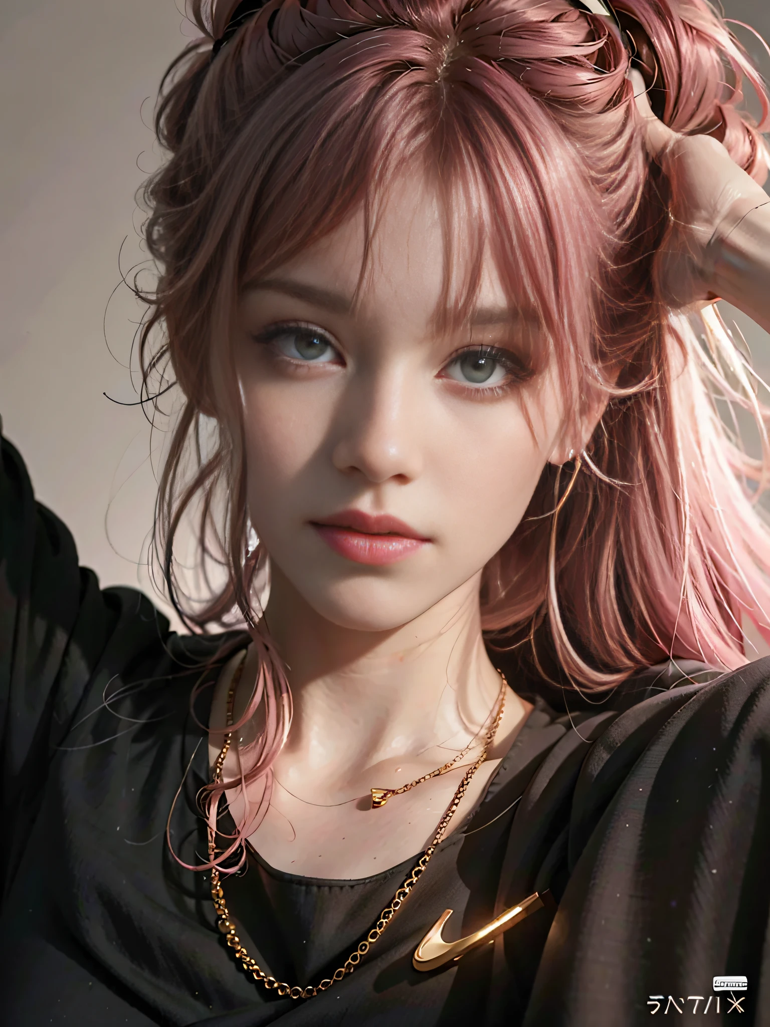 8K, Best quality, masterpiece, ultra high resolution, (realism: 1.4), original photo, (realistic skin texture: 1.3), (Granularity: 1.3), (Selfie angle), 1 girl, Pink clothes, Sapphire eyes and beautiful facial details, masterpiece, Best quality, close- up, Upper body. Highest quality image quality. Pull-ups.