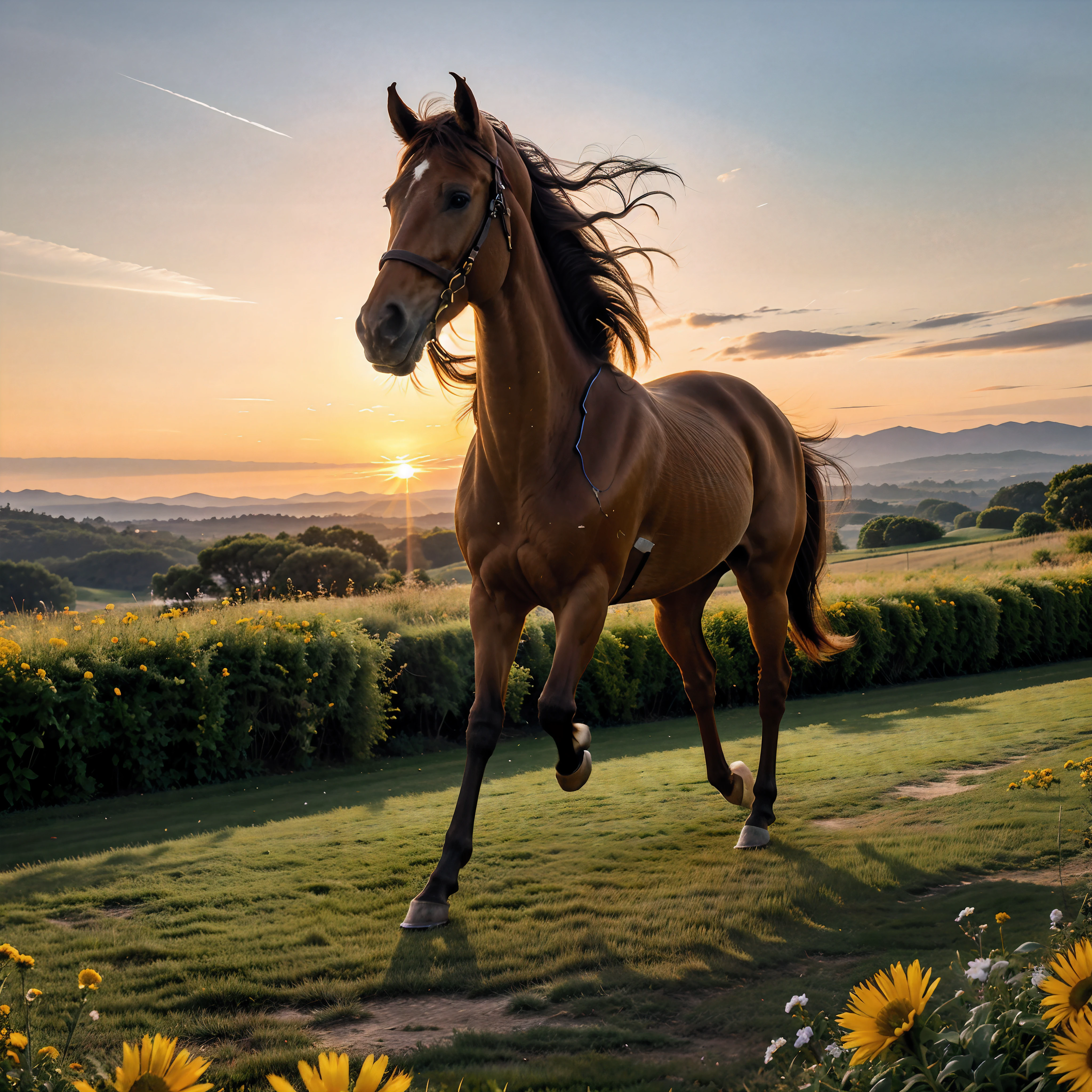 A flying horse at sunset in a painted artwork, with (best quality, 4k, highres, masterpiece:1.2) resolution, ultra-detailed, photorealistic:1.37. The horse's majestic wings gracefully spread wide, casting a magnificent shadow on the ground. The horse's glistening coat shimmers in the warm rays of the setting sun, revealing its incredible strength and beauty. The horse flies effortlessly through the golden sky, its mane flowing freely in the wind. The tranquil backdrop showcases a breathtaking landscape, with rolling hills and vibrant flowers in full bloom. The vibrant colors of the flowers and the lush greenery create a harmonious and enchanting atmosphere. The warm, orange hues of the sunset create a dreamy and nostalgic ambiance. The light from the setting sun casts a soft, golden glow on everything it touches, adding a touch of magic to the scene. The combination of the horse's graceful flight, the mesmerizing sunset, and the picturesque landscape creates a captivating and awe-inspiring work of art.