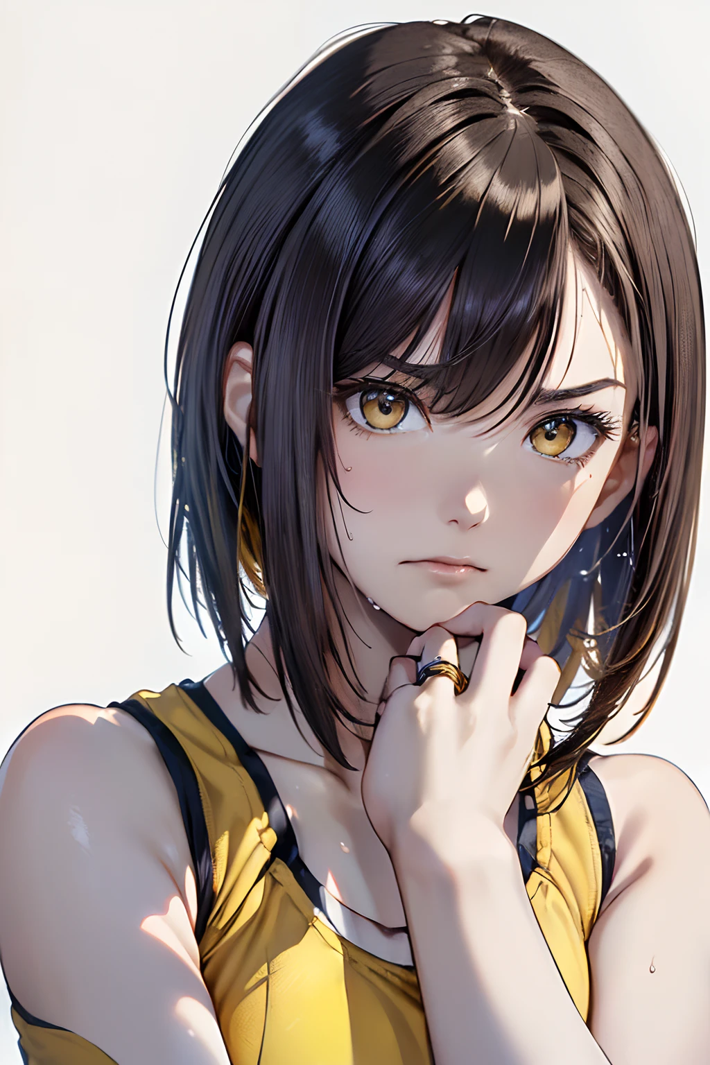 (((On his head is a ring of angels)))、(Best Quality, 8K, Oil Painting, masutepiece:1.2), Ultra-detailed, (Realistic, Photorealistic:1.37), (((FULL BODYSHOT)))、Vibrant colors, (((My face is sweaty)))、(((Yellow Sports Bra)))、(((English Print Sports Bra)))、(((20Women of a certain age)))、(((Yellow Sports Bra)))、(((The sports bra has letters printed on it)))、(((slightly smaller breasts)))、 (((Dark hair)))、(((Shoulder-length bob hair)))、((( White background))), (((A frustrated look on his face)))、(((I'm a little angry)))、(((Girly Hairstyles)))、(((bobhair)))、(((In front of a white wall)))、(((Nothing on the top of the head)))、(((Arms crossed in front of the chest)))、(((It's mushy)))