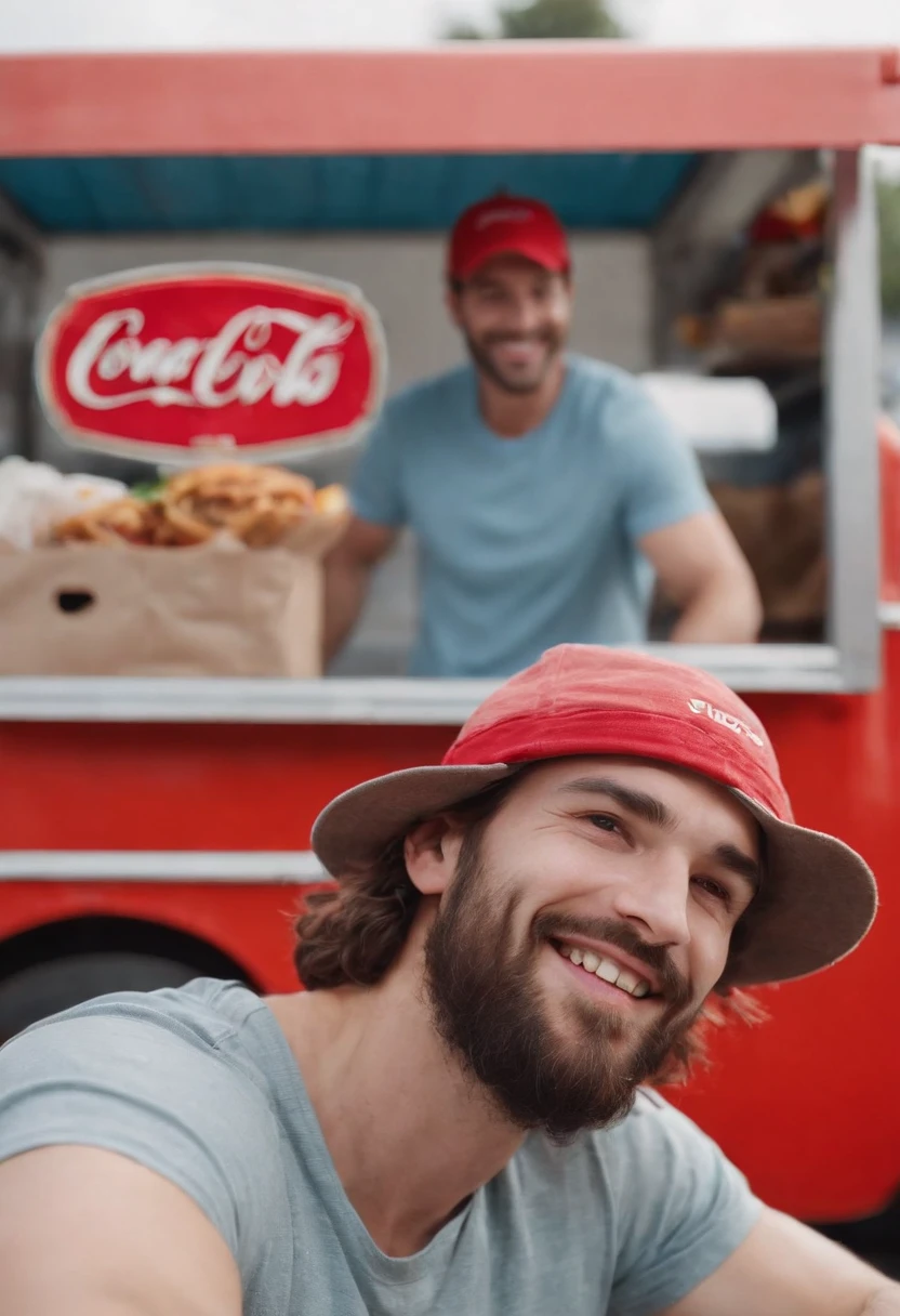 Generate a Pixar-style movie poster With guy inside red food truck on supermarket parking lot with long hair with material hat on head, short beard smiling and giving hamburger