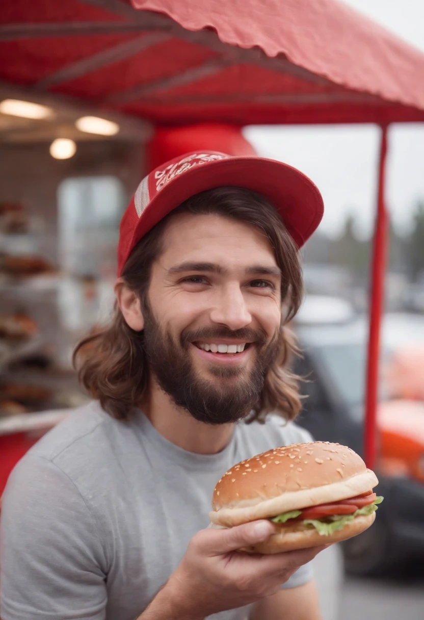 Generate a Pixar-style movie poster With guy inside red food truck on supermarket parking lot with long hair with material hat on head, short beard smiling and giving hamburger