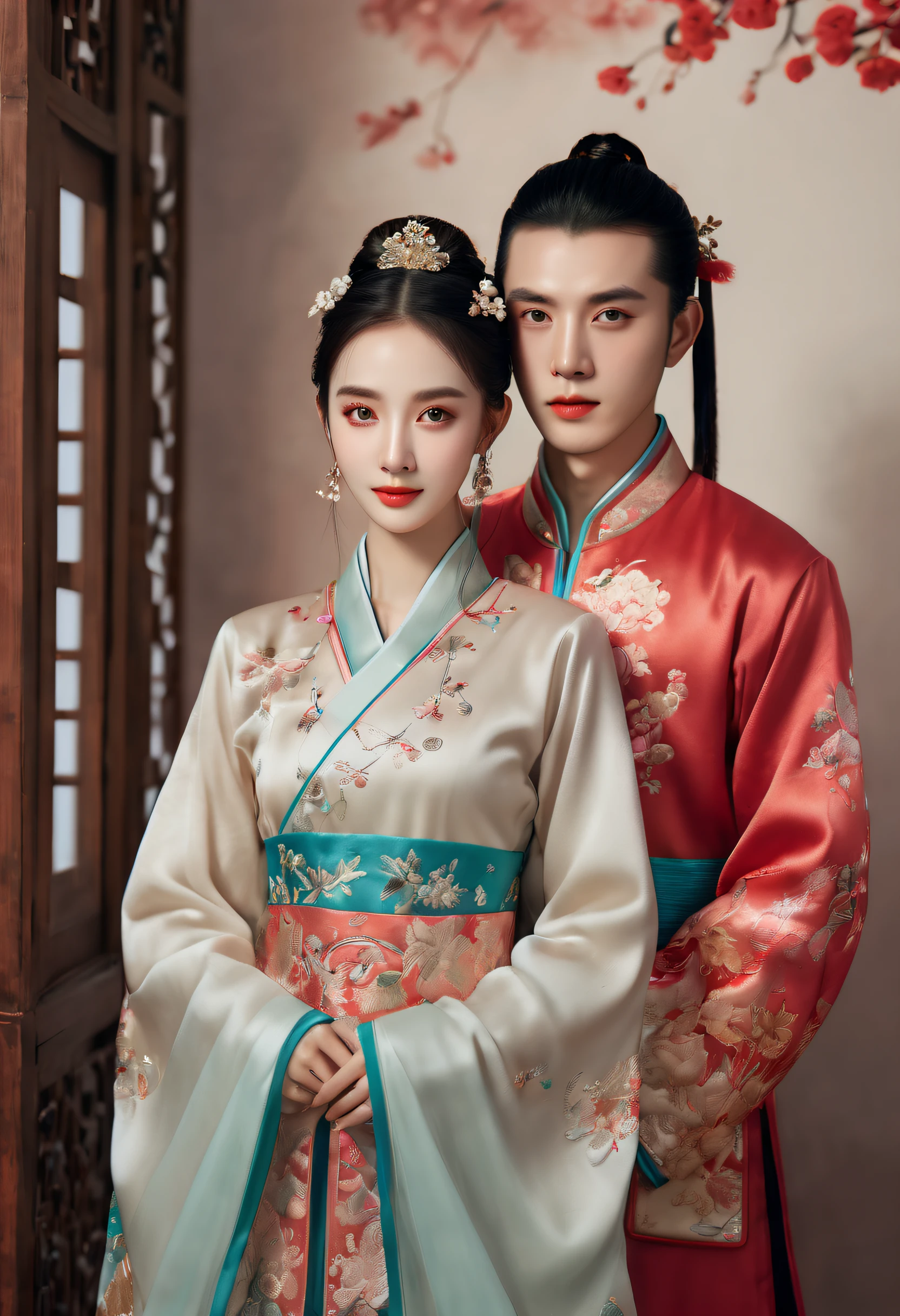 The couple is dressed in traditional Song Dynasty costumes (Ancient wedding costumes), He looks like the Chinese male star Hugh, This woman looks like Chinese actress Angelababy, There is a Chinese Song Dynasty peony painting on the background wall, wedding photo, Inspired by Hsiaopi-Sun, Popular in CG society, Hanfu, Dressed in Chinese Song Dynasty costumes, Traditional Chinese costumes, official art works, (Best quality, 4K,8K, high resolution, Masterpiece :1.2), Ultra-detailed, (Realistic, Realistic, Realistic :1.37),First place in the WORLD PRESS PHOTO Contest