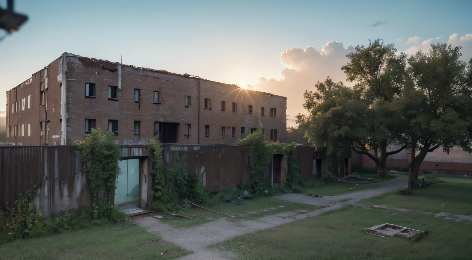 High Quality, Best Picture Quality, Best Quality, High Quality, 8K, 16K, 32K, (Outside an Abandoned Hospital), Night, Dimm, Fear, crumbling brick wall, old hospital, weeds, vines, broken glass windows , broken glass, fog, trees, ((high angle)), Full shot, Ruined ruins all around, perspective, (((Hospital focus))), from above