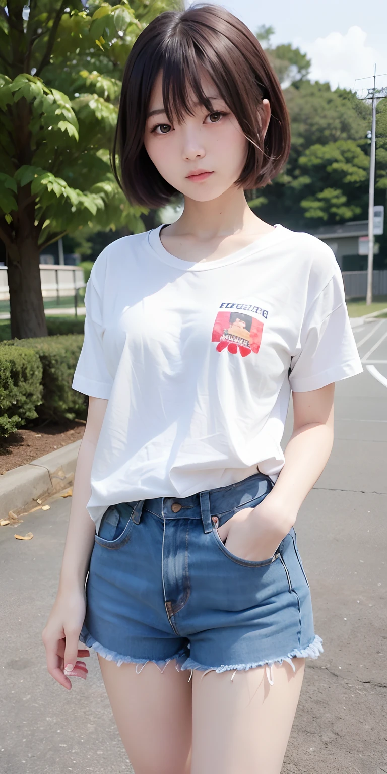 Asuka Saito,1人、High school style、In front of the school gate、Bust 88、Waist 58、Hip 85、Brown hair、bob、(8k、RAW Photography、top-quality、masterpiece:1.2)、(realisitic、photoRealstic:1.37)、