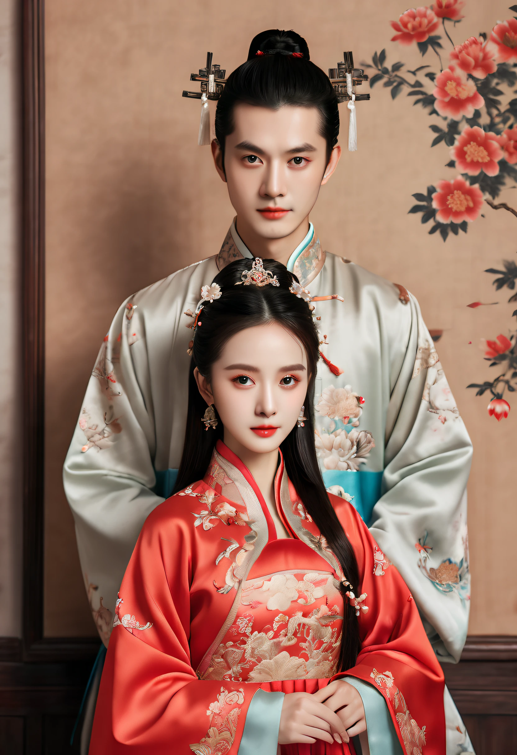 The couple is dressed in traditional Song Dynasty costumes (Ancient wedding costumes), He looks like the Chinese male star Hugh, This woman looks like Chinese actress Angelababy, There is a Chinese Song Dynasty peony painting on the background wall, wedding photo, Inspired by Hsiaopi-Sun, Popular in CG society, Hanfu, Dressed in Chinese Song Dynasty costumes, Traditional Chinese costumes, official art works, (Best quality, 4K,8K, high resolution, Masterpiece :1.2), Ultra-detailed, (Realistic, Realistic, Realistic :1.37),First place in the WORLD PRESS PHOTO Contest
