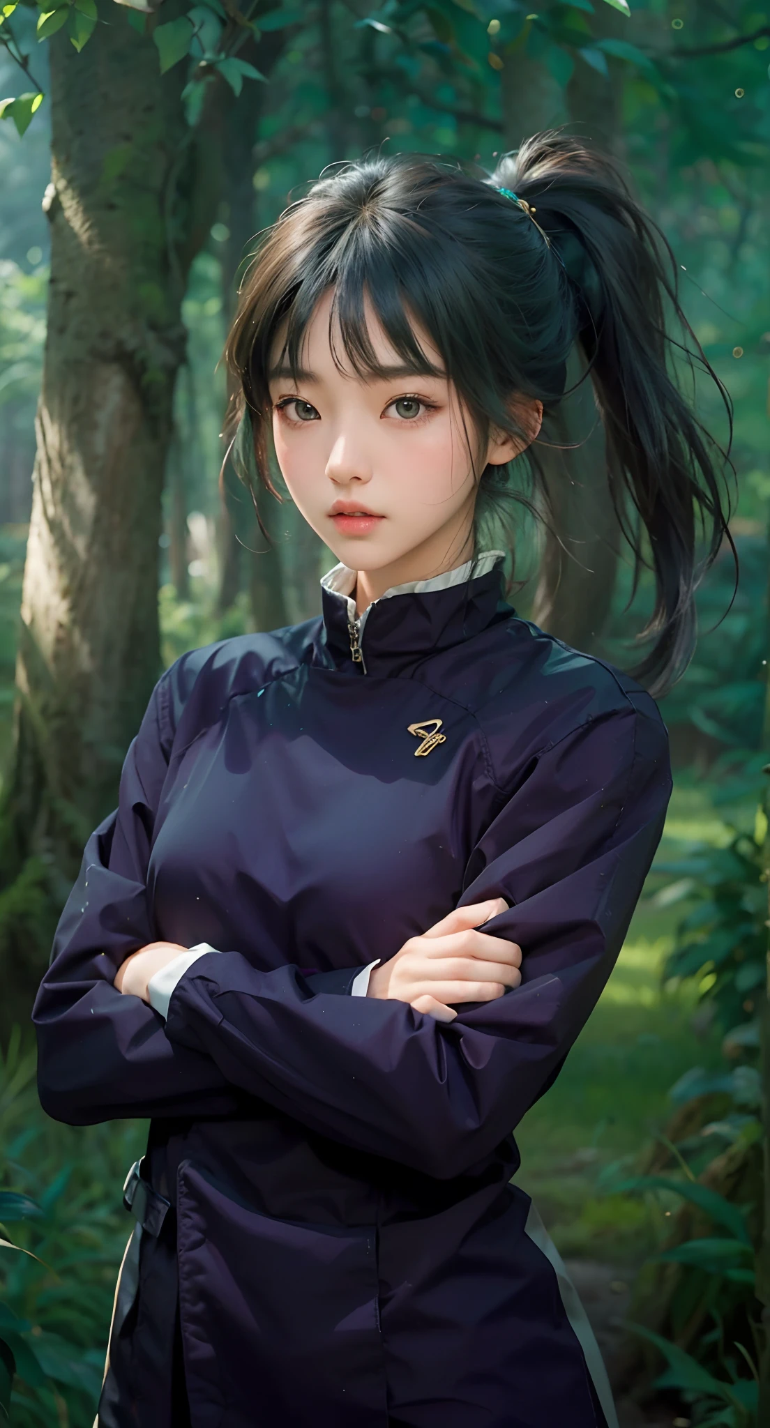 Real life adaption of this character, Korean teen beauty face,looking to viewer,realistic same hairstyle dark green color,realistic jungle with many grass background, hyper realistic, realistic light, realistic shadow, realism,(photorealistic:1.2), (realistic same outfit),