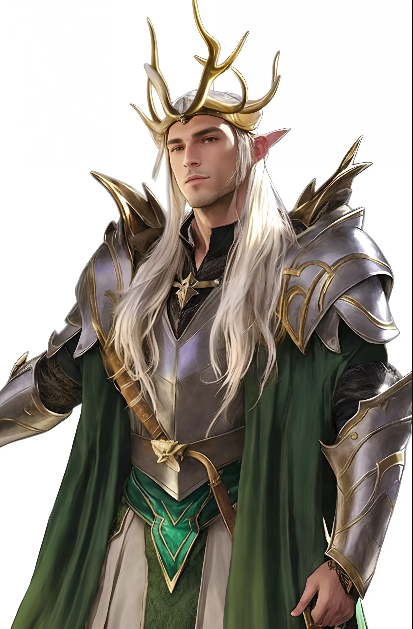 One is dressed in a wizard's costume,Man with a sword,Antlers are worn on the head,Male magician pose, picture of a male cleric, young shadow mage male, male wizard,Exquisite clothing,Glowing costumes,Handsome man,Glowing hair