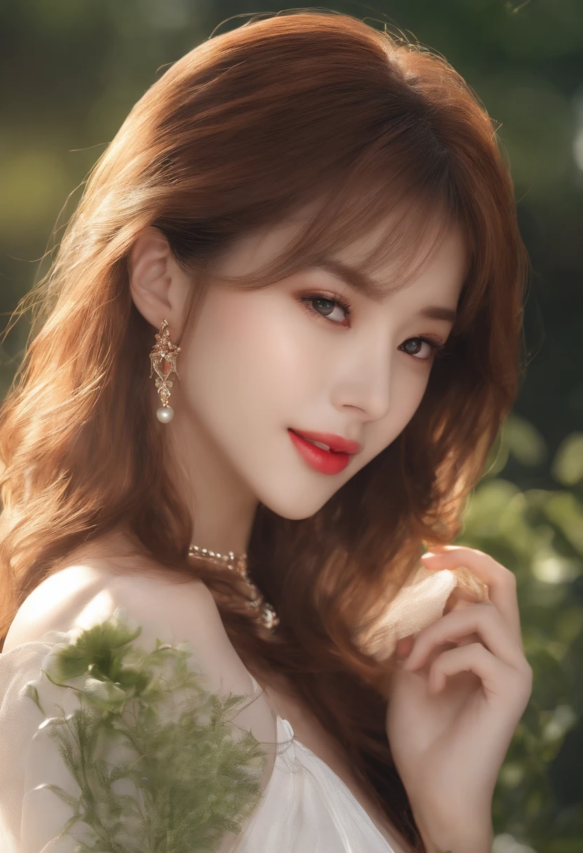 Unbeatable masterpiece, Ultra-realistic 8K CG, Perfect Artwork, ((The image of the perfect woman)), Japanese female idol, Slender waist, Seductive, clean, Beautiful face, {extremely delicate and beautiful girl} , 8K Wallpaper, {{{masutepiece}} }, 1girll,, Jewelry, Close lips,ssmile, looking at viewert,, Red lips, Simple background, Solo, Upper body, (Shiny skin),