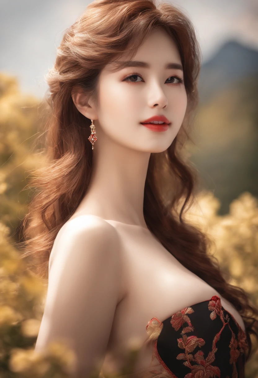 Unbeatable masterpiece, Ultra-realistic 8K CG, Perfect Artwork, ((The image of the perfect woman)), Japanese female idol, Slender waist, Seductive, clean, Beautiful face, {extremely delicate and beautiful girl} , 8K Wallpaper, {{{masutepiece}} }, 1girll,, Jewelry, Close lips,ssmile, looking at viewert,, Red lips, Simple background, Solo, Upper body, (Shiny skin),