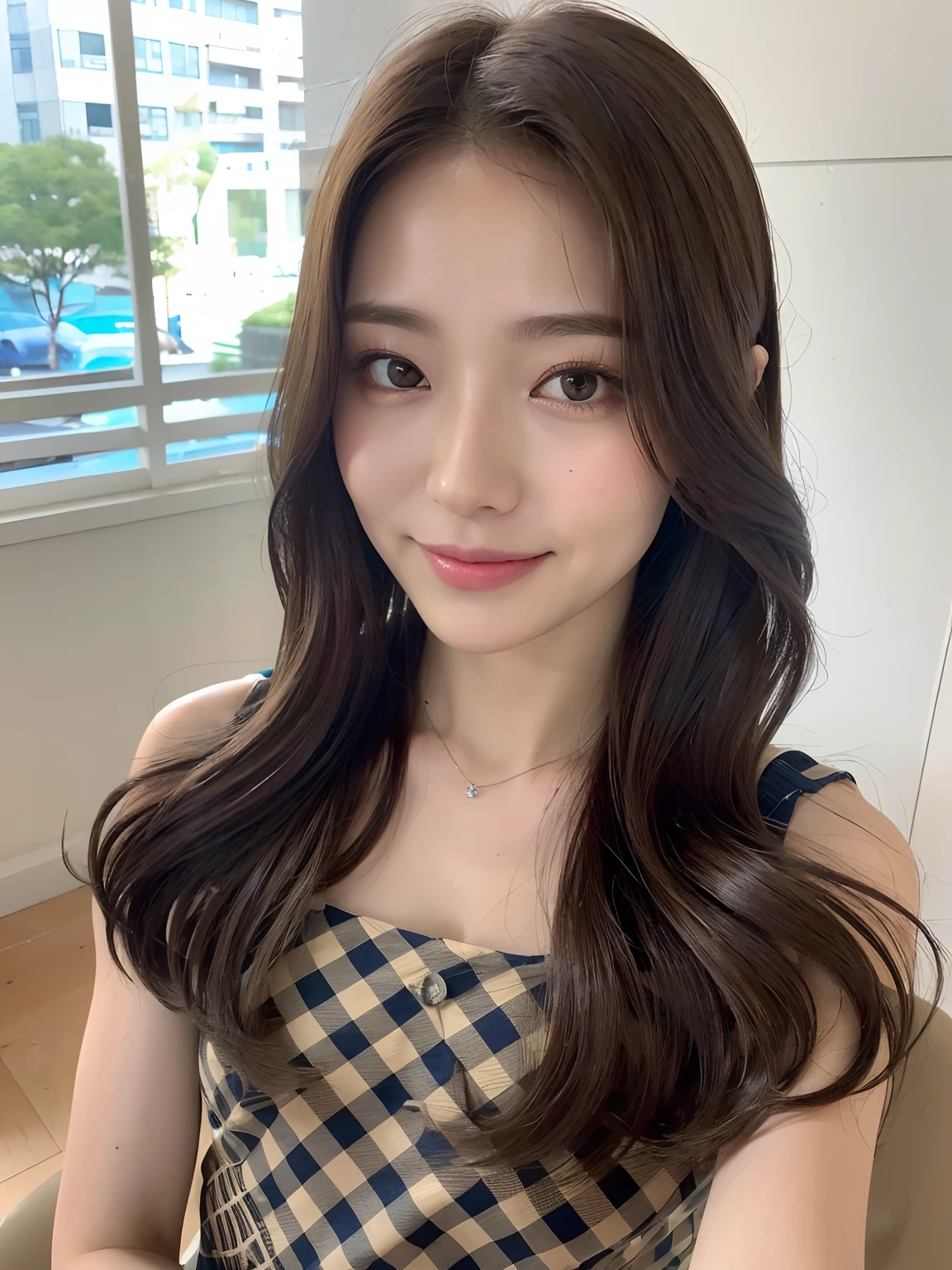 ((Best Quality, 8K, masutepiece: 1.3)), 1girl in, Slim Abs Beauty: 1.3, (Hairstyle Casual, ), Dress: 1.1, Super fine face, Delicate eyes, Double eyelids, Smile, Home,length hair