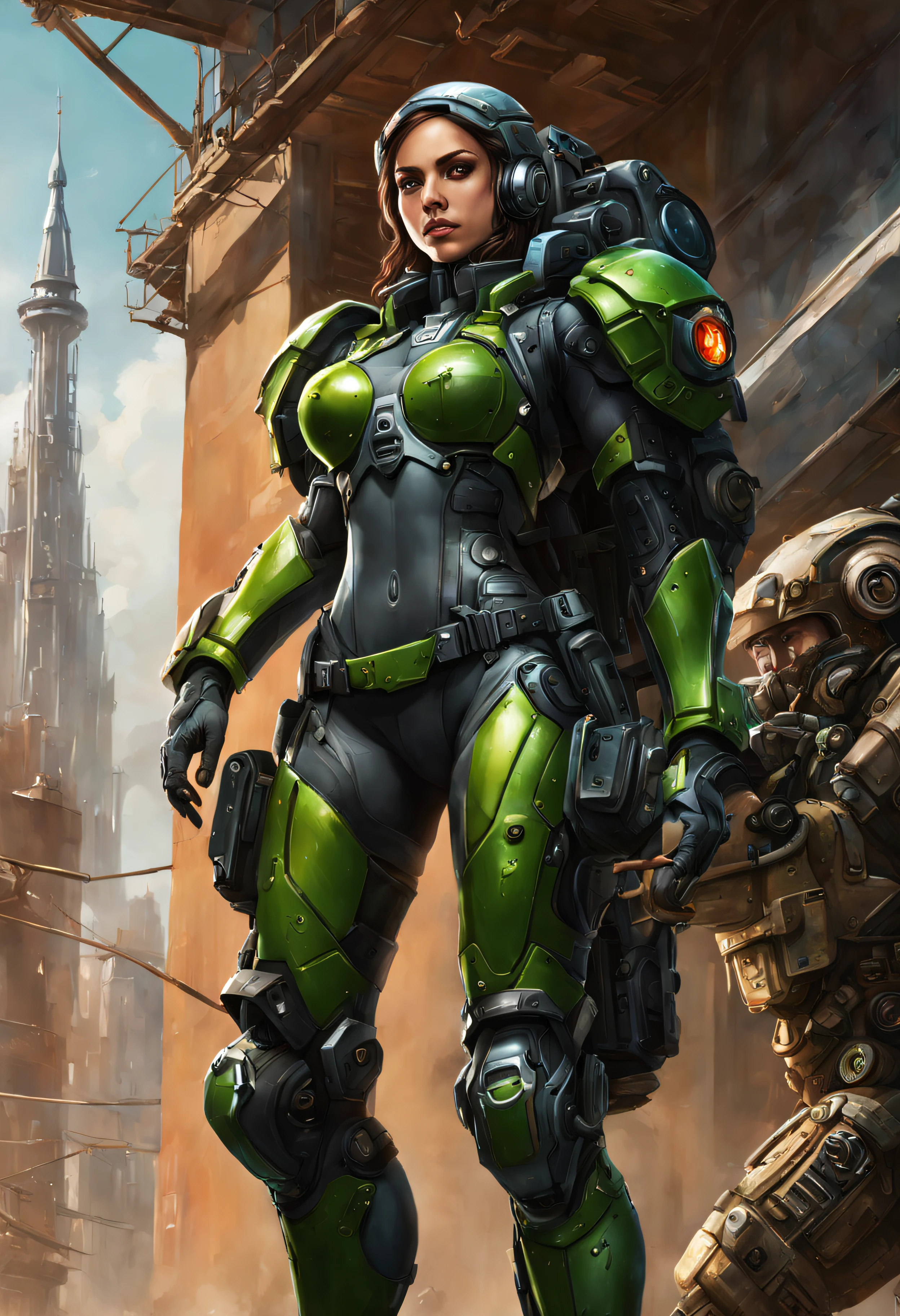 cuerpo entero,hembra con cara rara de alienigena extraterrestre pero bellisima, con ojos supergrandes en relacion con su cara, con iris de color verde,con el uniforme militar marron sexy con minifalda, de gears of war,(se encuentra en centro de control de estacion espacial).8k.