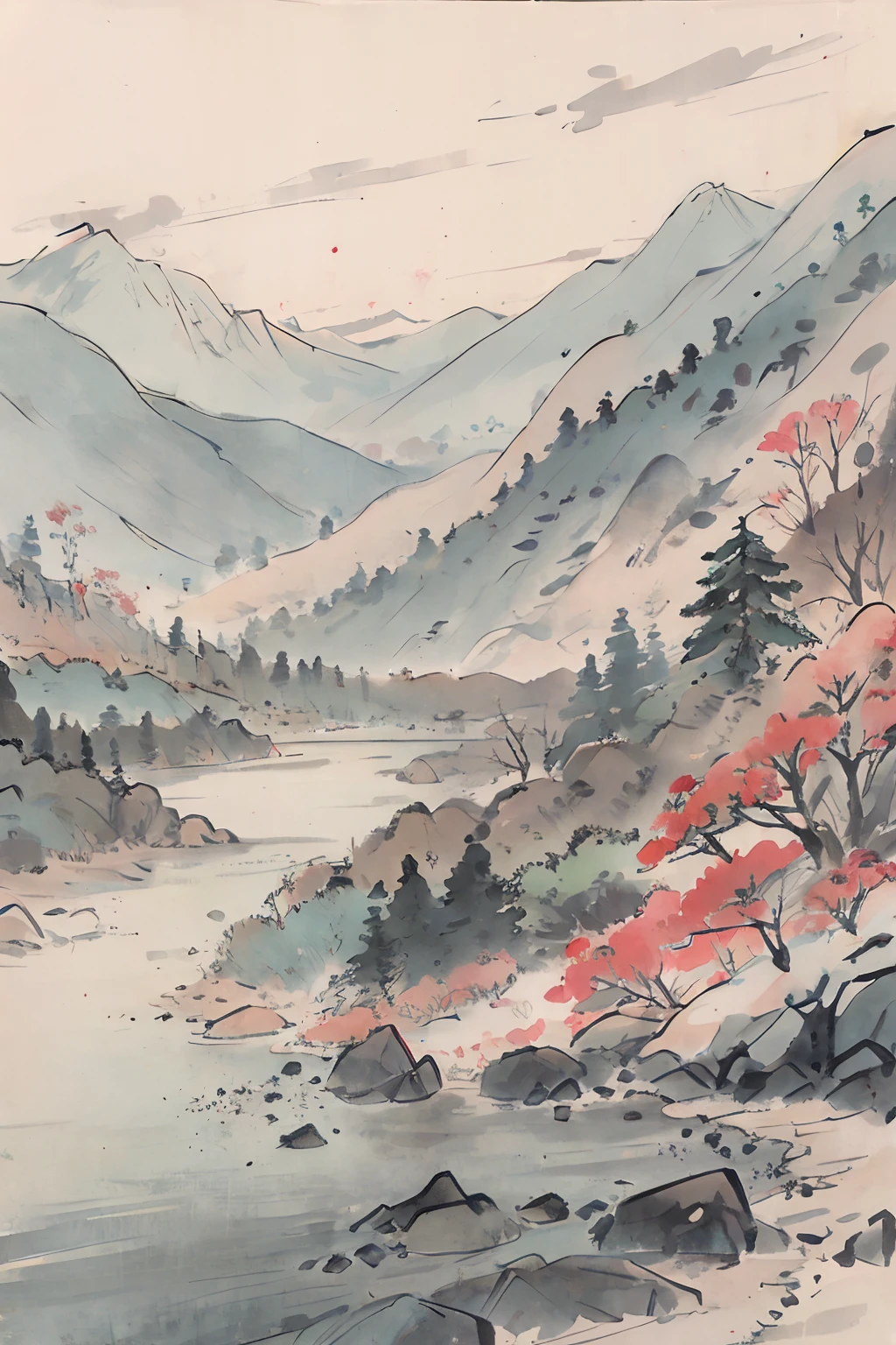 (Masterpiece, best quality: 1.2), traditional Chinese ink painting, green mountains, rivers, simple composition