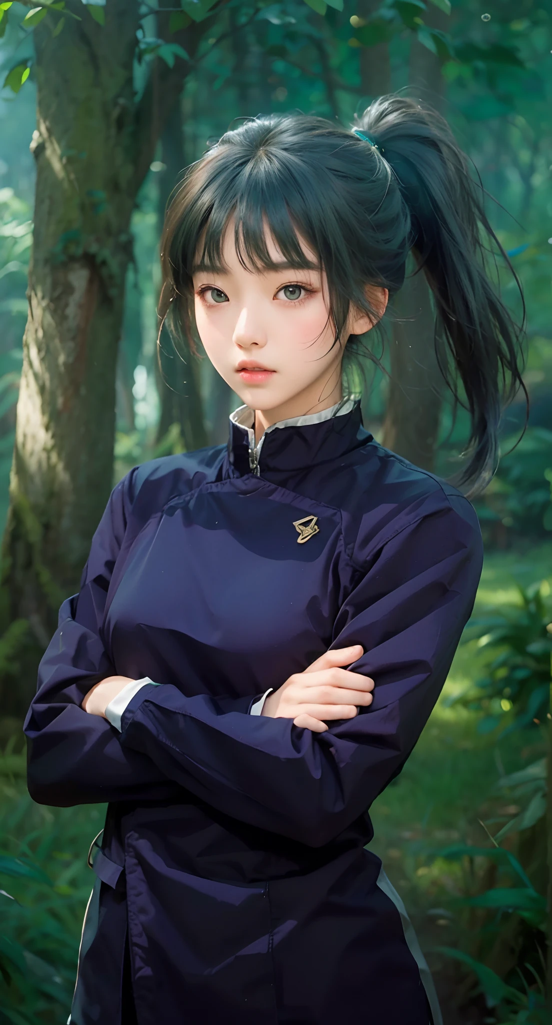Real life adaption of this character, Korean beauty face,looking to viewer,realistic same hairstyle dark green color,realistic jungle with many grass background, hyper realistic, realistic light, realistic shadow, realism,(photorealistic:1.2), (realistic same outfit),