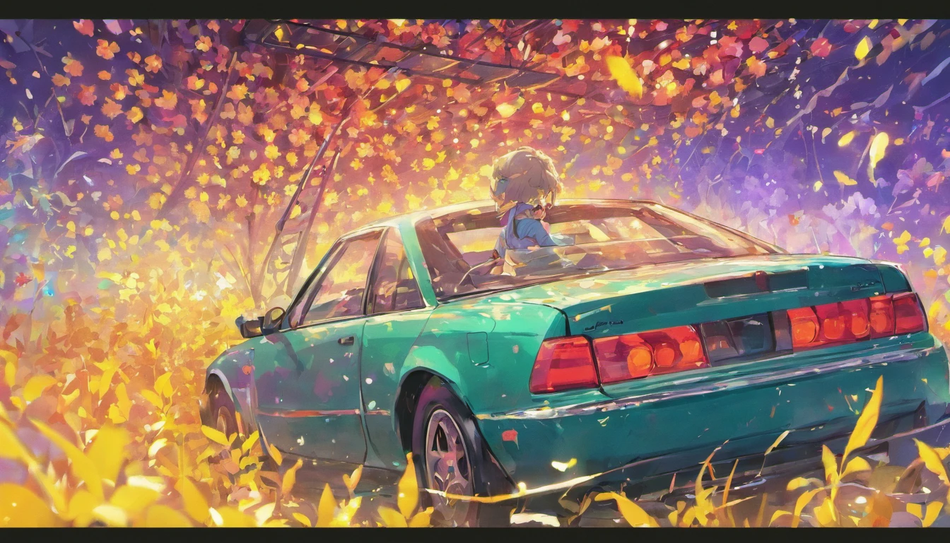 Close-up car trunk open,florals、Lights flow down the trunk,Hang to the ground,3D立体,Small Fresh,k hd