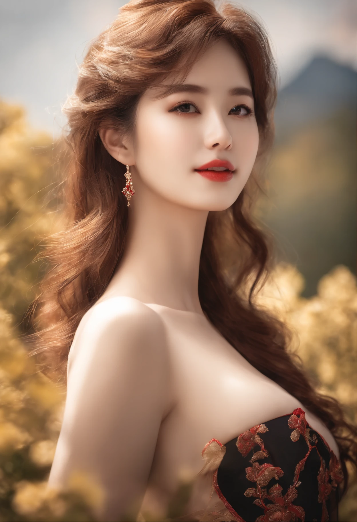 Unbeatable masterpiece, Ultra-realistic 8K CG, Perfect Artwork, ((The image of the perfect woman)), Japanese female idol, Slender waist, Seductive, clean, Beautiful face, {extremely delicate and beautiful girl} , 8K Wallpaper, {{{masutepiece}} }, 1girll,, Jewelry, Close lips，ssmile,  looking at viewert,, Red lips, Simple background, Solo, Upper body, (Shiny skin),