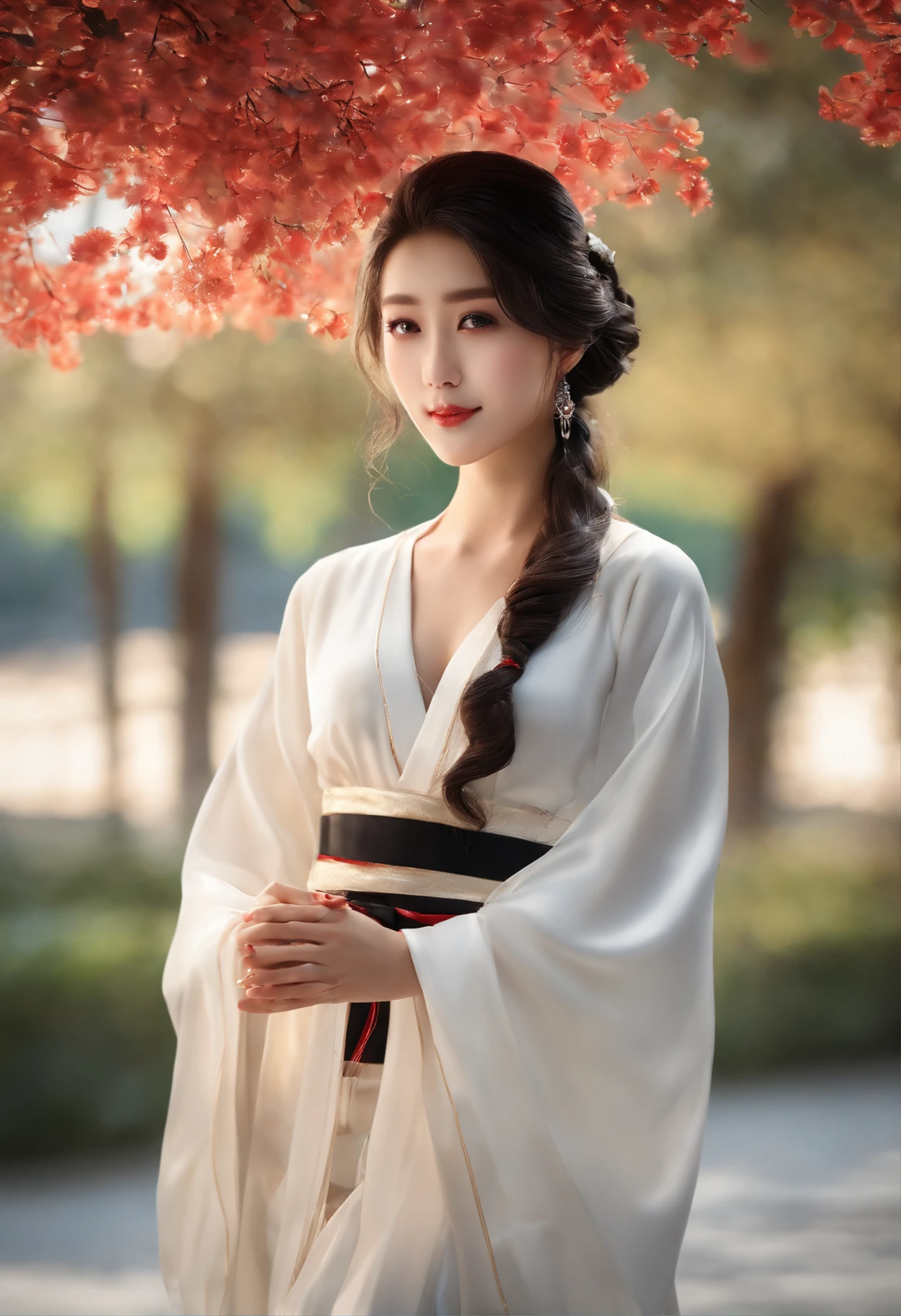 Unbeatable masterpiece, Ultra-realistic 8K CG, Perfect Artwork, ((The image of the perfect woman)), Japanese female idol, Slender waist, Seductive, clean, Beautiful face, {extremely delicate and beautiful girl} , 8K Wallpaper, {{{masutepiece}} }, 1girll,, Jewelry, Close lips，ssmile,  looking at viewert,, Red lips, Simple background, Solo, Upper body, (Shiny skin),