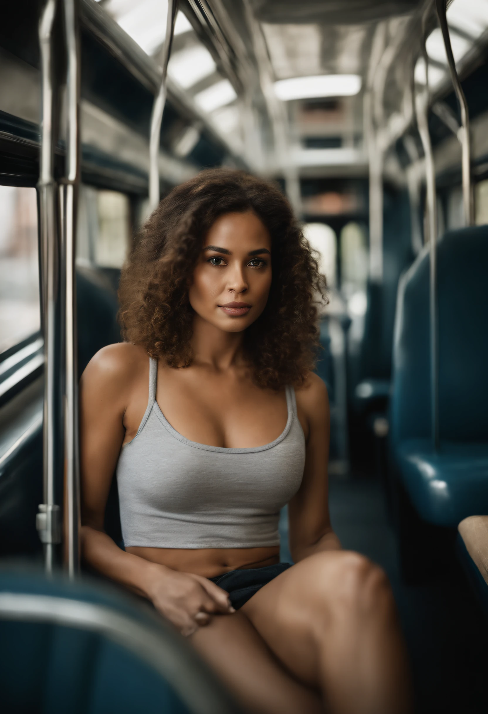 Semi naked hot woman in short skirt without panties on the bus
