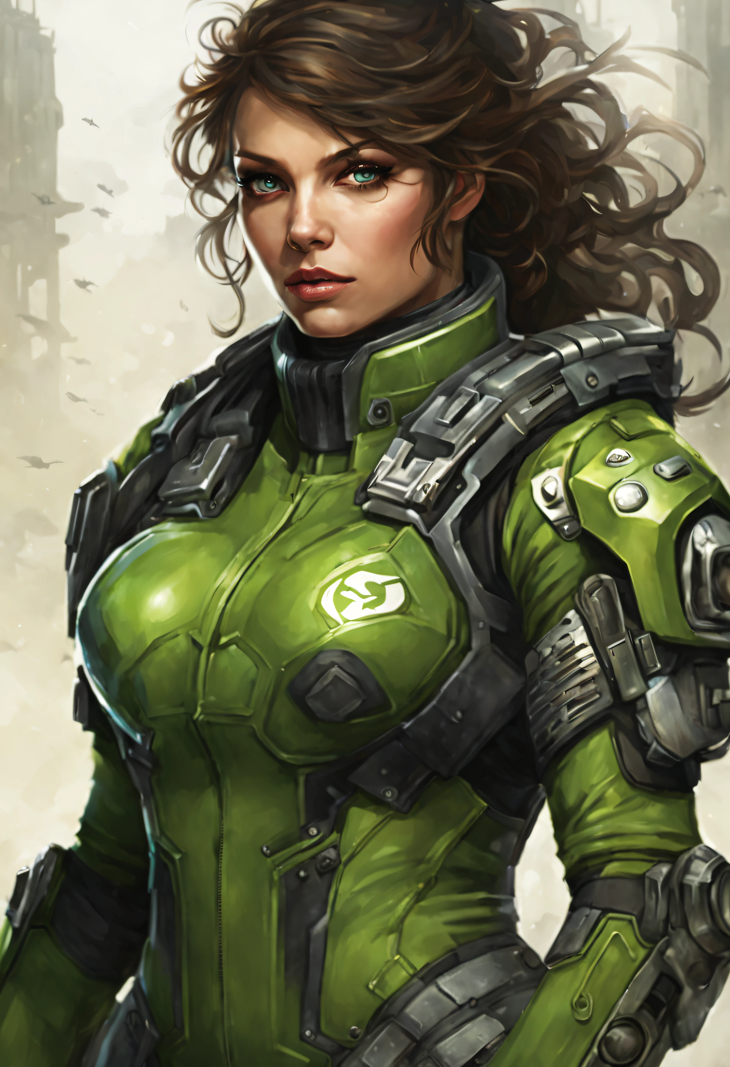 cuerpo entero,hembra con cara rara de alienigena extraterrestre pero bellisima, con ojos supergrandes en relacion con su cara, con iris de color verde,con el uniforme militar sexy con minifalda, de gears of war,(se encuentra en centro de control de estacion espacial).8k.