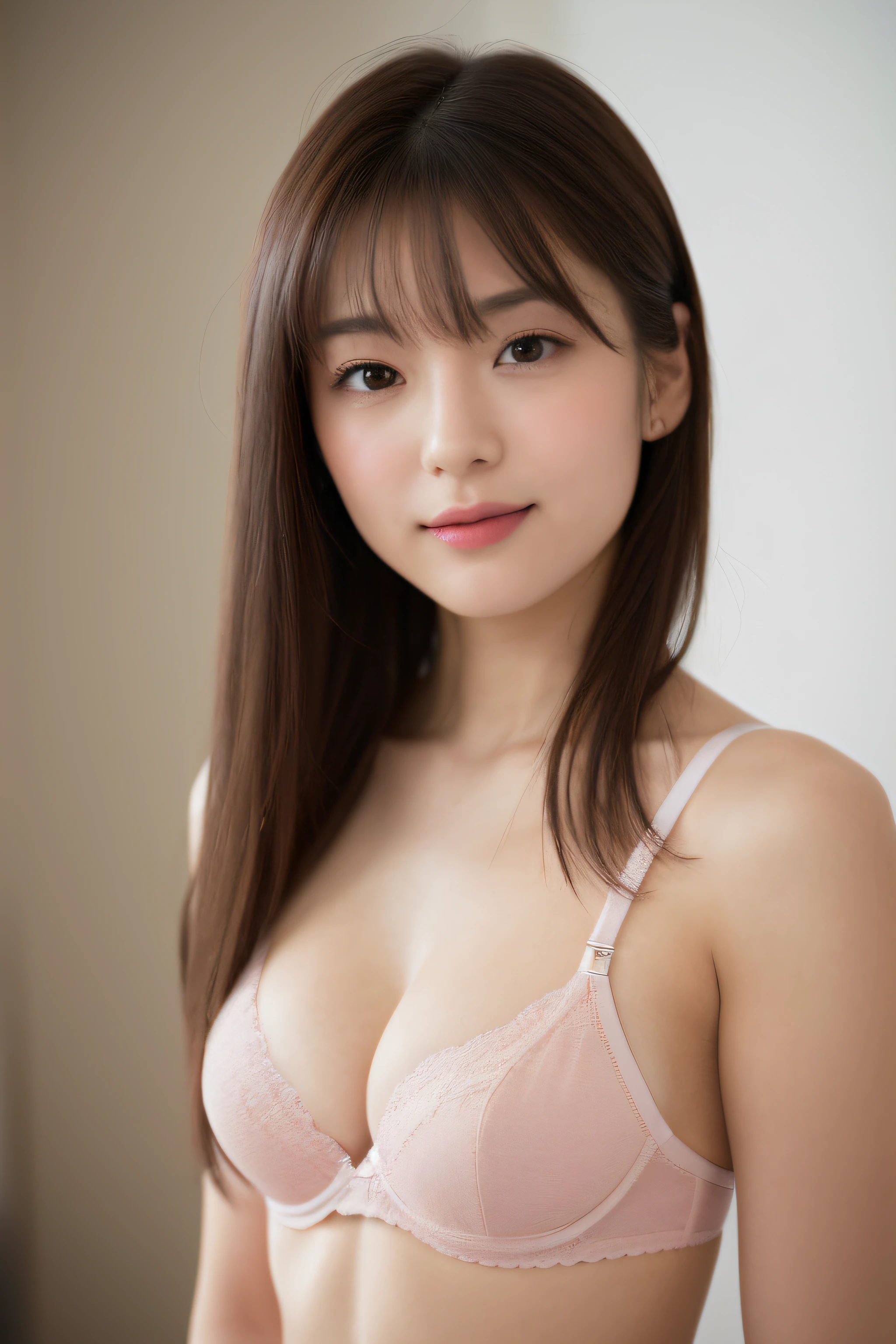 ((Best picture quality, 8K, tmasterpiece:1.3)), 1girll, Beautiful woman with slender abs:1.3, (Casual hairstyle, :1.2), Pink low-cut bra,Super large,The skin is very white,Ultra-fine face, A detailed eye, 二重まぶた,ssmile。Take pictures in cute poses,The figure is very bad,tiny small waist,Super big breasts,Close-up,Close-up chest,White-skinned,The background is casual,Close-up Shot Shot