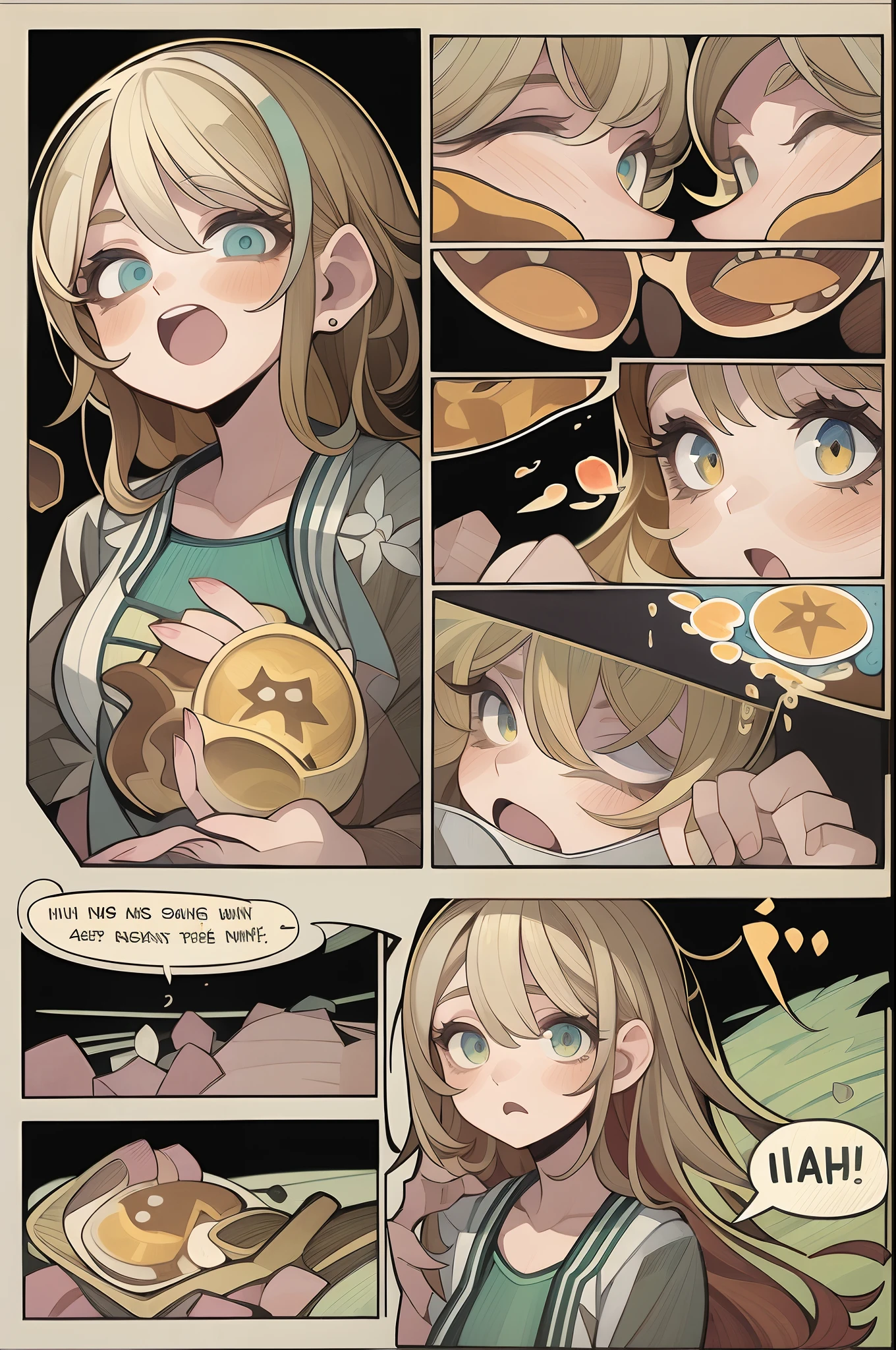 Top quality, Best quality, A high resolution, Masterpiece, Ultra-high resolution, Detailed background, ( 1个Giant Breast Girl, Get up in the morning, eating breakfast), absurderes(Highly detailed beautiful face and eyes)Perfect anatomy, Good lighting, cinematic shadow, English text, Language bubbles, Comic book layout, ((Comic strip layout for girls, Voice balloons, English text, Hand drawn sound effect stickers used in girl manga))sosaku hanga, comic page, fantrome, DDLC, anime big breast, Comic Panels