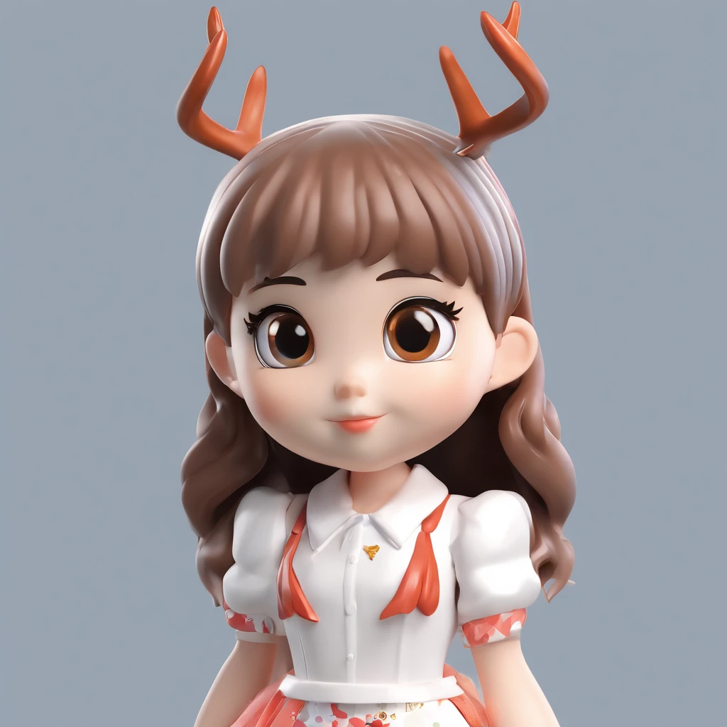 super cute girl IP by pop mart, Bright eyes, angelicales,Little white dress, Clay, deer antlers, a blind box toy, Glossy and delicate,Clean background, Good gloss, 3D rendering of,Best quality