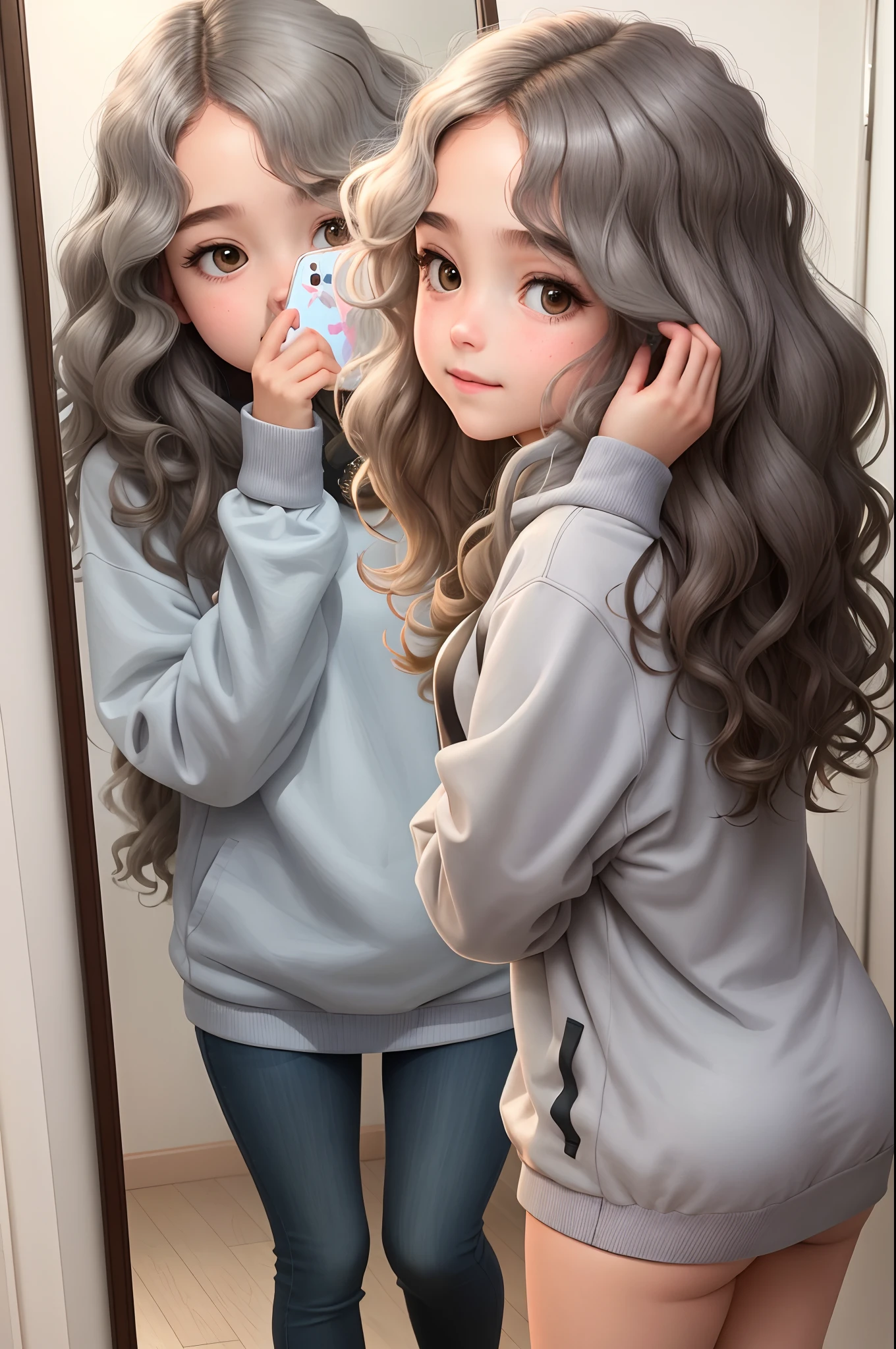 A girl taking a mirror selfie hiding face with wavy hair and grey sweatshirt