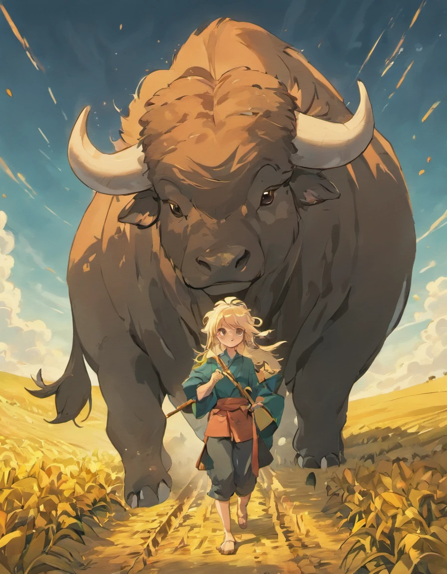 The buffalo and the farmer uncle are busy plowing the fields together