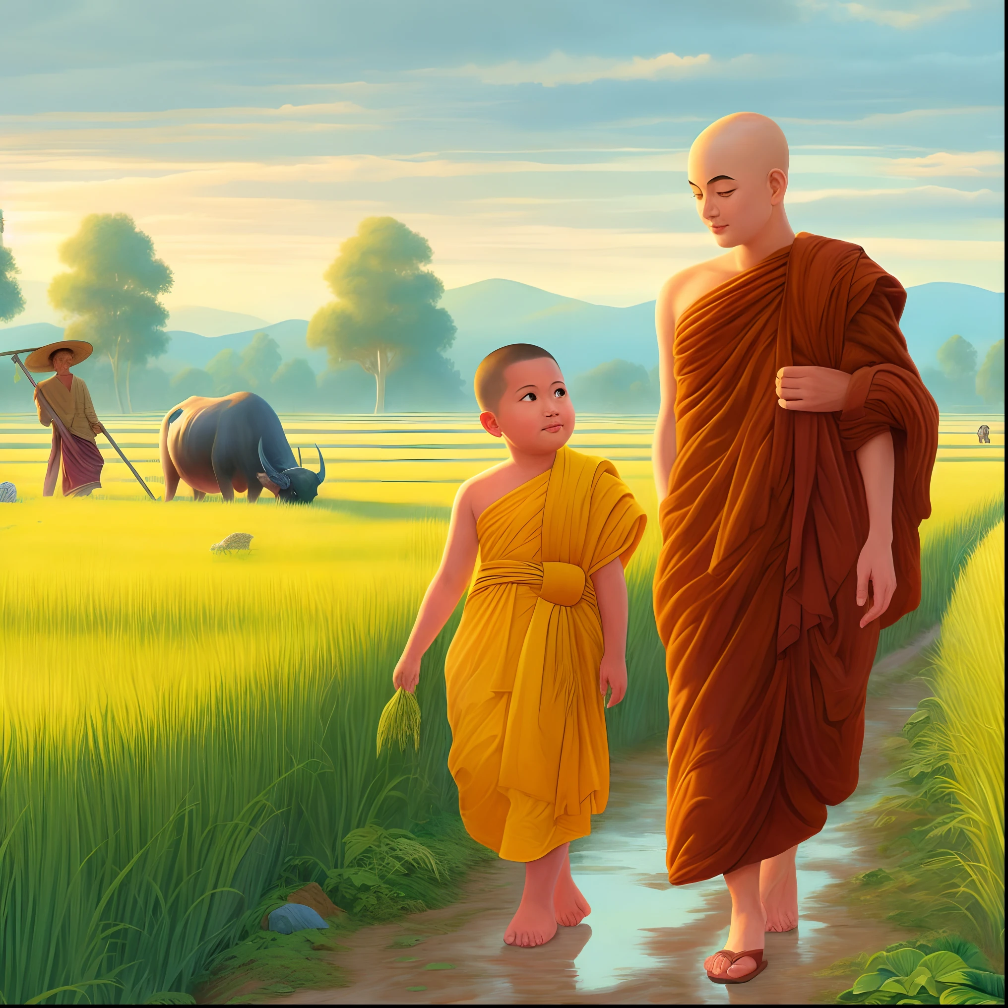 arafed image of a monk and a child walking in a field, buddhism, buddhist, on path to enlightenment, monk clothes, buddhist monk, on the path to enlightenment, monk, monks, 2 1 st century monk, hd wallpaper, monk meditate, portrait of monk, the buddha, 3840 x 2160