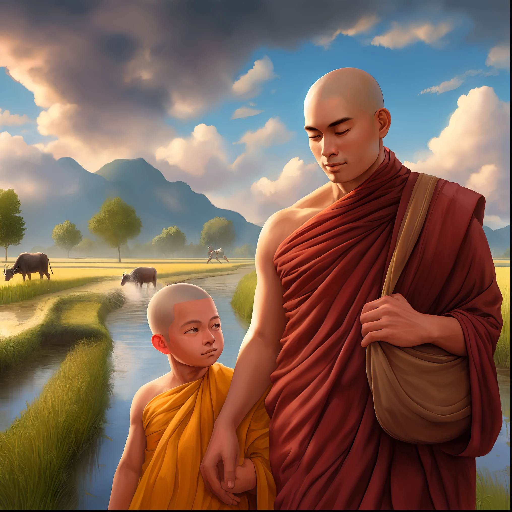 there is a man and a child walking by a river, buddhist, buddhism, buddhist monk, monk, 2 1 st century monk, monk clothes, monks, portrait of monk, concept art of a monk, monk meditate, on path to enlightenment, on the path to enlightenment, buddhist monk meditating, by John La Gatta, fisting monk