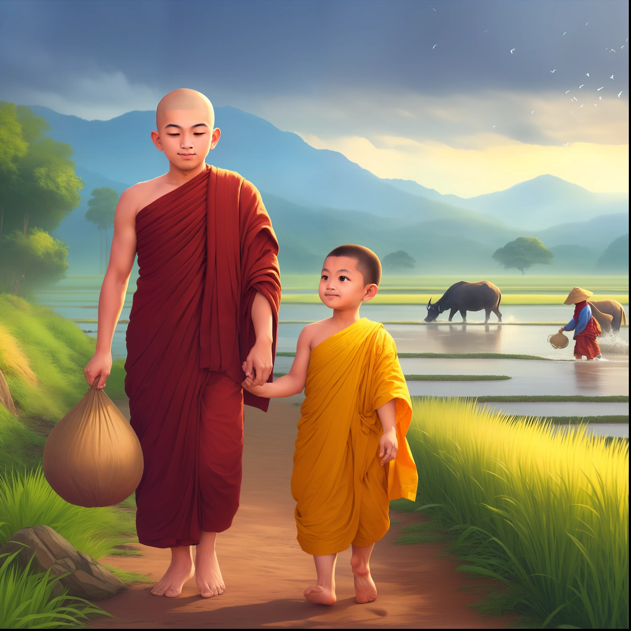arafed image of a monk and a child walking in a field, buddhism, monk clothes, buddhist, buddhist monk, on path to enlightenment, monk, on the path to enlightenment, monks, samsara, portrait of monk, 2 1 st century monk, concept art of a monk, the journey of life, amazing depth, serene expression, beautiful depiction, buddha