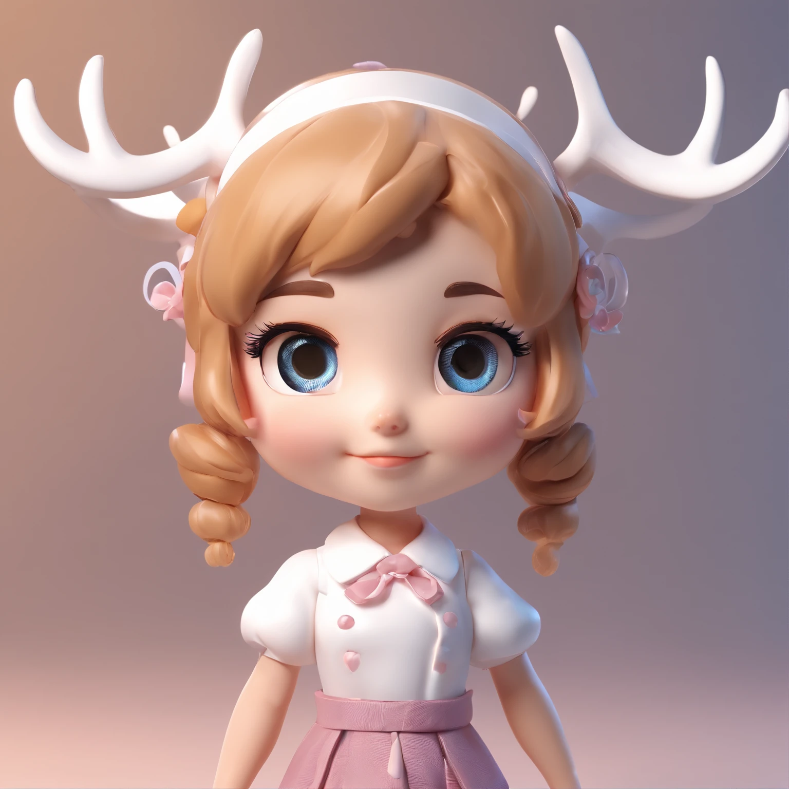super cute girl IP by pop mart, Bright eyes, angelicales,Little white dress, Clay, deer antlers, a blind box toy, Glossy and delicate,Clean background, Good gloss, 3D rendering of,Best quality