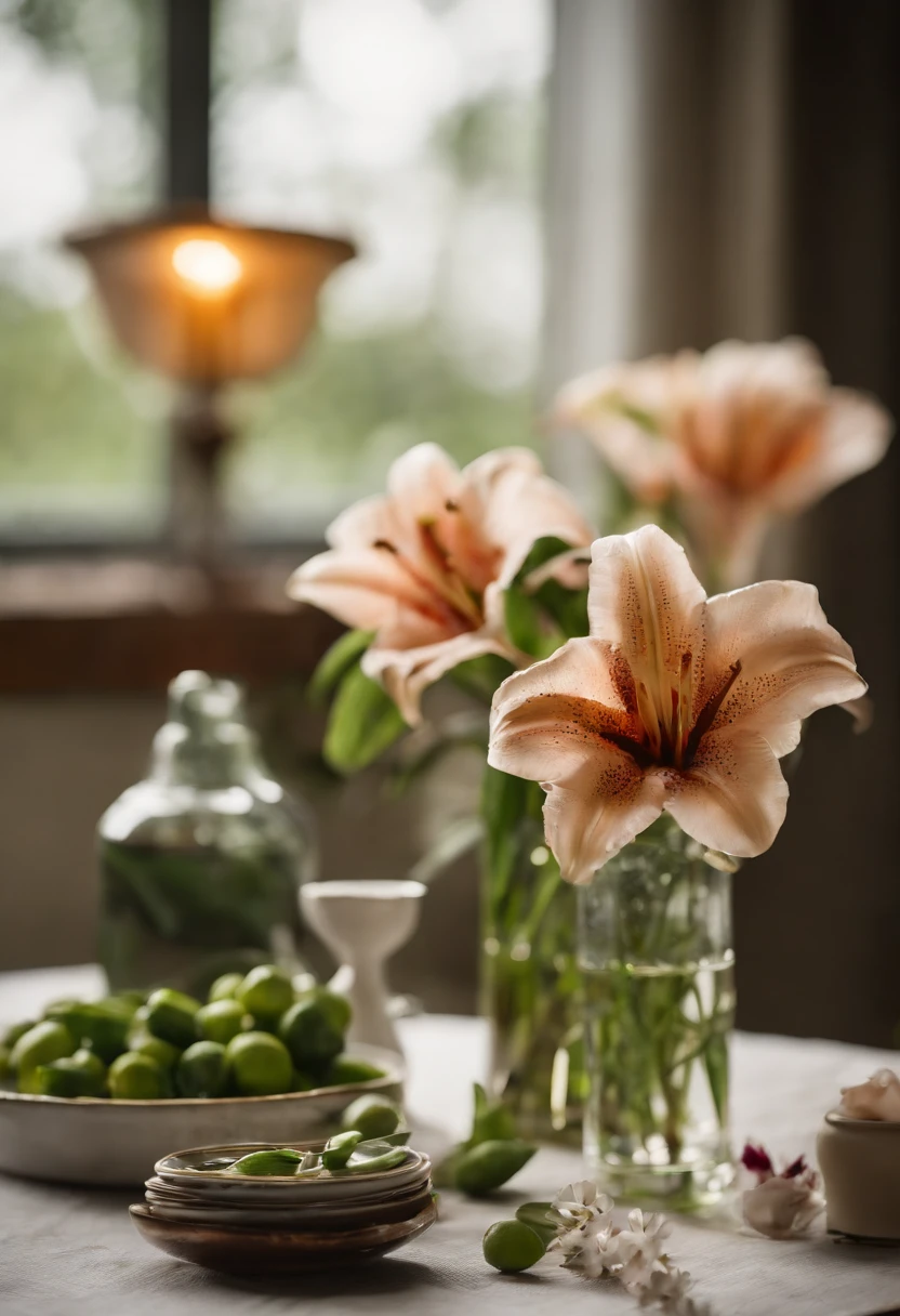 Close-up of a table,There is a vase of lily flowers on it, delightful surroundings, With French garden, Transparent,high key, ultra - detailed, Beautiful, insanely details, Intricate details, editorial photography, shot with a 50mm lens, depth of fields, Tilt Blur, Shutter speed 1/1000, f/22. Lightmaps, Super bright