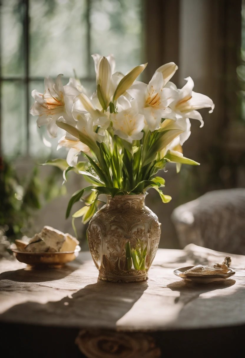 Close-up of a table，There is a vase of lily flowers on it, delightful surroundings, With French garden, Transparent，high key, ultra - detailed, Beautiful, insanely details, Intricate details, editorial photography, shot with a 50mm lens, depth of fields, Tilt Blur, Shutter speed 1/1000, f/22. Lightmaps, Super bright