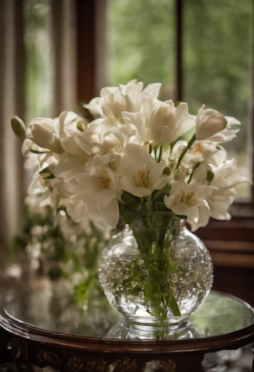 Close-up of a table，There is a vase of lily flowers on it, delightful surroundings, With French garden, Transparent，high key, ultra - detailed, Beautiful, insanely details, Intricate details, editorial photography, shot with a 50mm lens, depth of fields, Tilt Blur, Shutter speed 1/1000, f/22. Lightmaps, Super bright