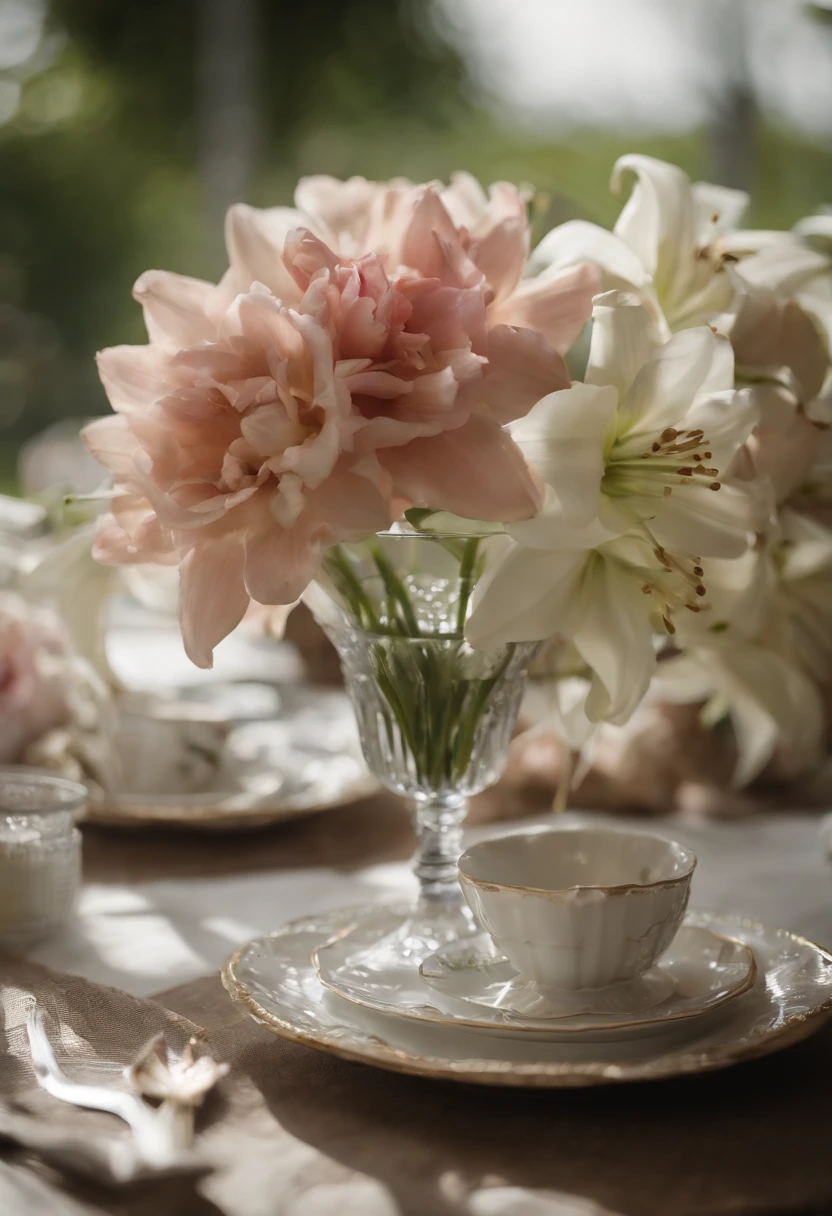 Close-up of a table，There is a vase of lily flowers on it, delightful surroundings, With French garden, Transparent，high key, ultra - detailed, Beautiful, insanely details, Intricate details, editorial photography, shot with a 50mm lens, depth of fields, Tilt Blur, Shutter speed 1/1000, f/22. Lightmaps, Super bright