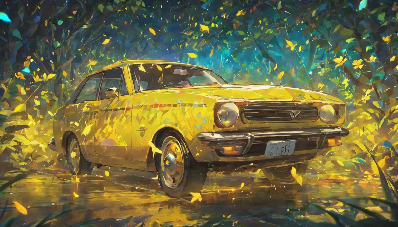 Close-up car trunk open，florals、Lights flow down the trunk，Hang to the ground，3D立体，Small Fresh，k hd