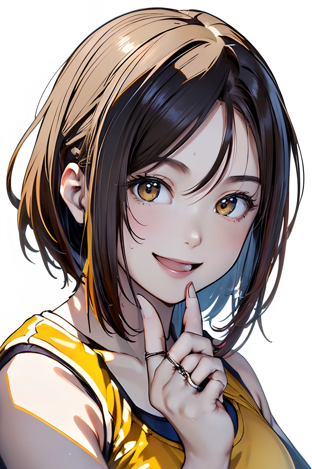 (((There is a ring of angels on his head)))、(Best Quality, 8K, Oil Painting, masutepiece:1.2), Ultra-detailed, (Realistic, Photorealistic:1.37), (((FULL BODYSHOT)))、Vibrant colors, (((My face is sweaty)))、(((Yellow Sports Bra)))、(((English Print Sports Bra)))、(((２０Women of a certain age)))、(((Yellow Sports Bra)))、(((The sports bra has letters printed on it)))、(((slightly smaller breasts)))、 (((Dark hair)))、(((Shoulder-length bob hair)))、((( White background))), (((delighted expression)))、(((A smile)))、(((Girly Hairstyles)))、(((bobhair)))、(((In front of a white wall)))、(((Nothing on the top of the head)))、(((I have my index finger up)))、(((Opens mouth and laughs)))