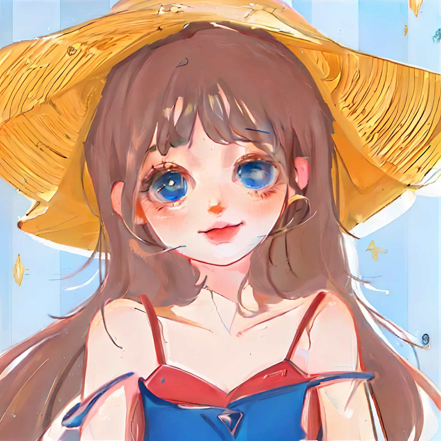 (best quality,4k,8k,highres,masterpiece:1.2),ultra-detailed,(realistic,photorealistic,photo-realistic:1.37),blue-eyed big girl with a straw hat, cute art style, flat anime shading, adorable anime style, anime art style, in anime style, anime style, kawaii realistic portrait, anime-style character, anime-style portrait, high-quality anime art style, cute anime girl, anime-style illustration, beautiful anime art style