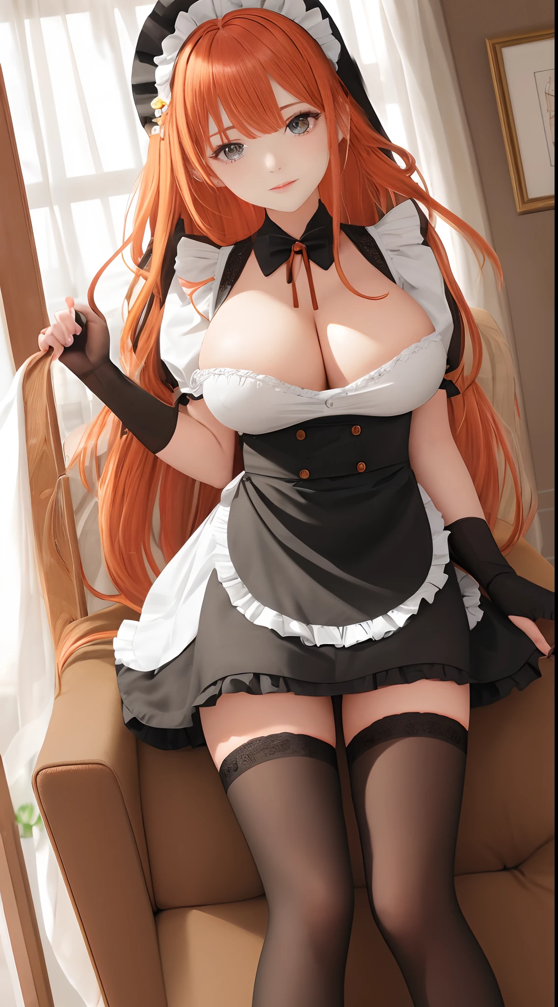 /draw apron orange_hair green_eyes breasts breasts_out couch dress female frills gloves highres koruse large_breasts long_hair looking_at_viewer lying maid maid_apron maid_headdress no_panties original solo gloves black pantyhose lifts her skirt and shows her ass in pantyhose HD UHD HQ