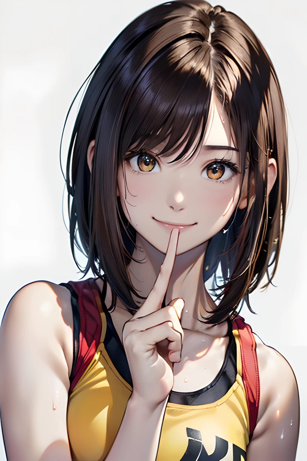 (((The subject is up to the top of the head)))、(Best Quality, 8K, Oil Painting, masutepiece:1.2), Ultra-detailed, (Realistic, Photorealistic:1.37), (((FULL BODYSHOT)))、Vibrant colors, (((My face is sweaty)))、(((Yellow Sports Bra)))、(((English Print Sports Bra)))、(((２０Women of a certain age)))、(((Yellow Sports Bra)))、(((The sports bra has letters printed on it)))、(((slightly smaller breasts)))、 (((Dark hair)))、(((Shoulder-length bob hair)))、((( White background))), (((delighted expression)))、(((A smile)))、(((Girly Hairstyles)))、(((bobhair)))、(((In front of a white wall)))、(((Nothing on the top of the head)))、(((I have my index finger up)))