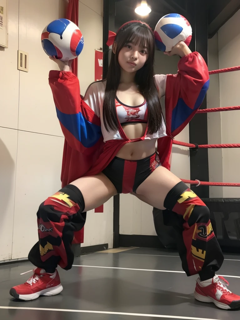 Young Female Wrestler、Good Style、、Leotard shorts、Idol face、large full breasts、、、Colorful Red Wrestling Costume、