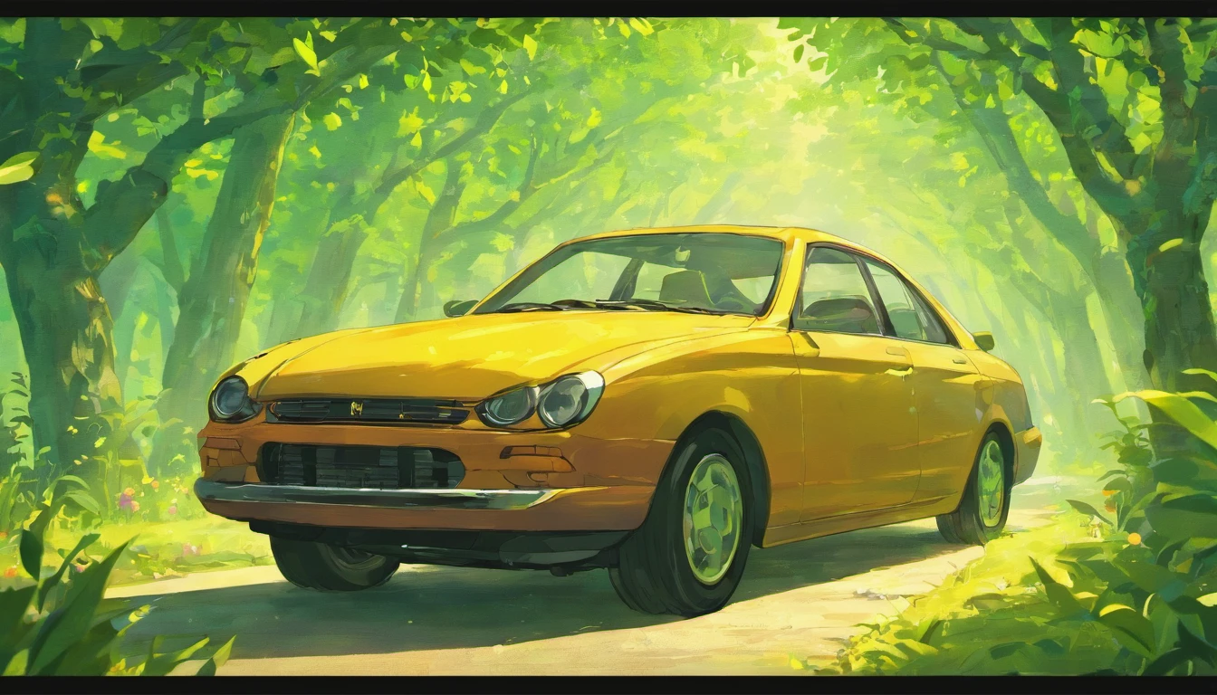 The trunk of the car is opened，Fresh flowers spread all over the trunk，Warm yellow light，k hd
