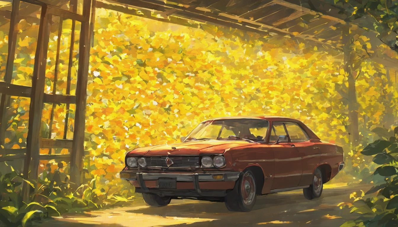 The trunk of the car is opened,Fresh flowers spread all over the trunk,Warm yellow light,k hd