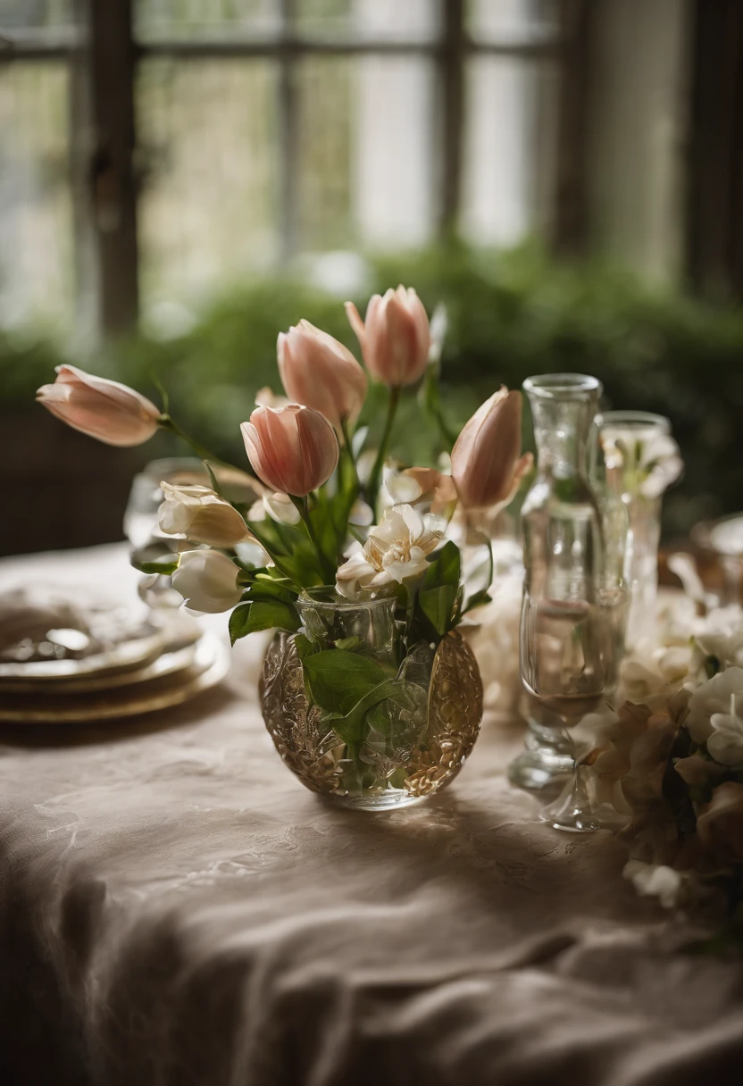 Close-up of a table,There is a vase of lily flowers on it, delightful surroundings, With French garden, Transparent,high key, ultra - detailed, Beautiful, insanely details, Intricate details, editorial photography, shot with a 50mm lens, depth of fields, Tilt Blur, Shutter speed 1/1000, f/22. Lightmaps, Super bright