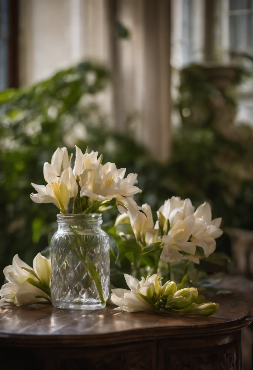 Close-up of a table，There is a vase of lily flowers on it, delightful surroundings, With French garden, Transparent，high key, ultra - detailed, Beautiful, insanely details, Intricate details, editorial photography, shot with a 50mm lens, depth of fields, Tilt Blur, Shutter speed 1/1000, f/22. Lightmaps, Super bright